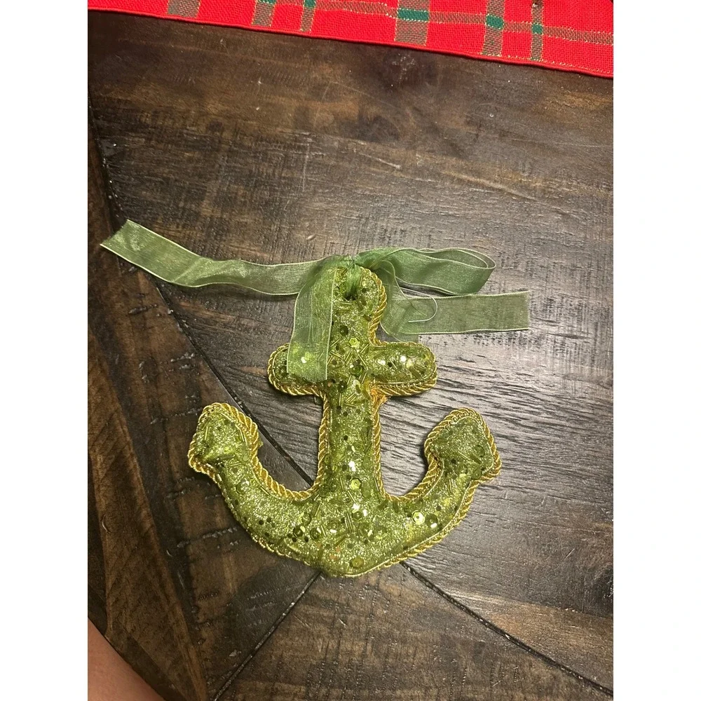 Sparkly Green Anchor Ornament‎ Sequin Glitter Coastal Nautical Decor so cute EUC
